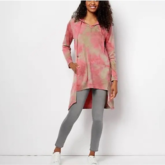 LOGO Lounge by Lori Goldstein - Tie-Dye VNeck Hoodie Hi-Low Hem - Pink - Picture 1 of 11